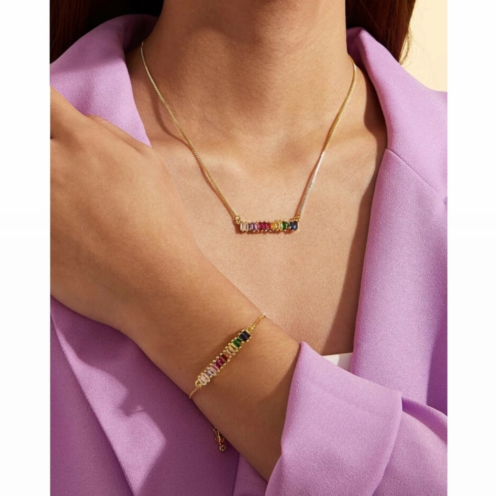 Rainbow Pride Rhinestone Charm Necklace & Bracelet